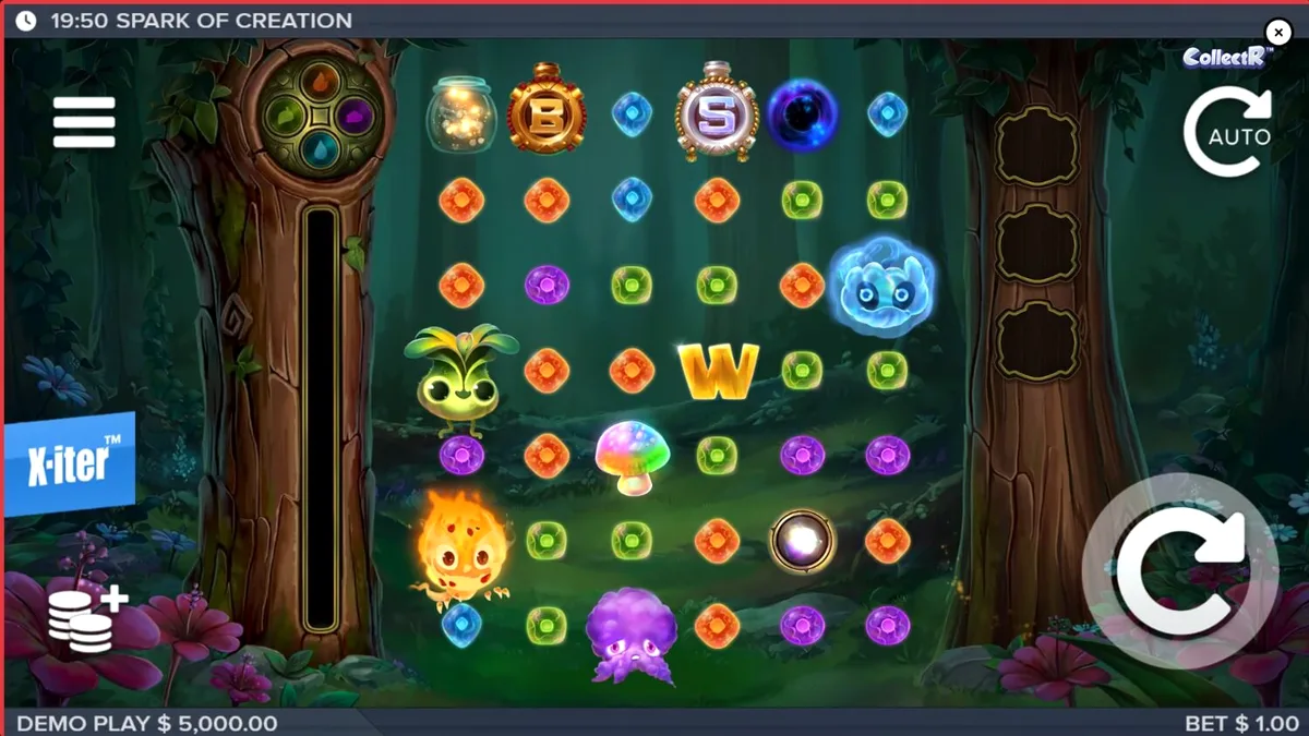 Cenário da floresta mágica e criaturas colecionáveis no slot Spark of Creation