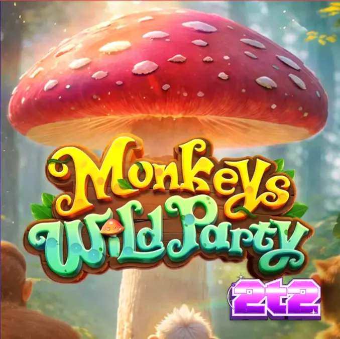 Interface vibrante do slot Monkeys Wild Party com símbolos de macacos e cogumelos